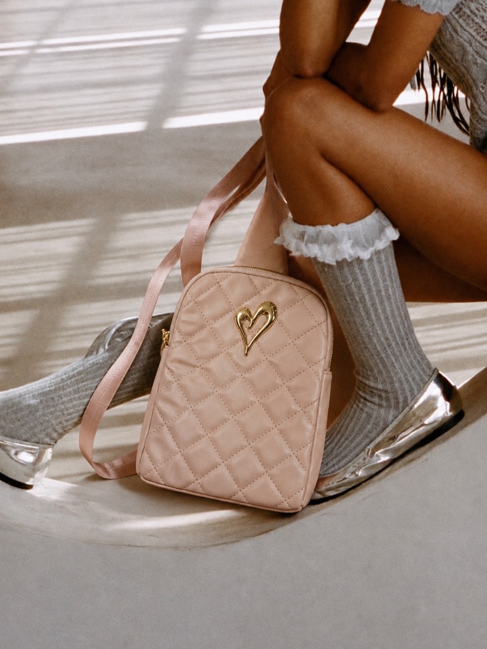 Blush Kiss Quilted Heart Crossbody Bag